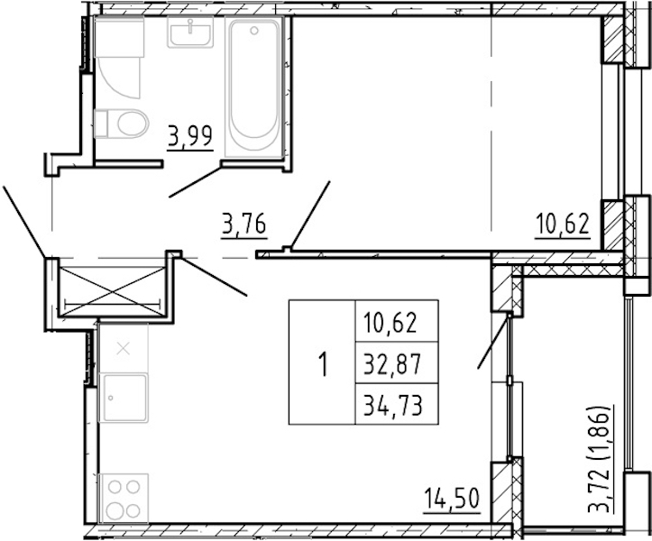 1-комнатная квартира 32.87 м², 7/12 эт., ЖК «Полис Новоселье»